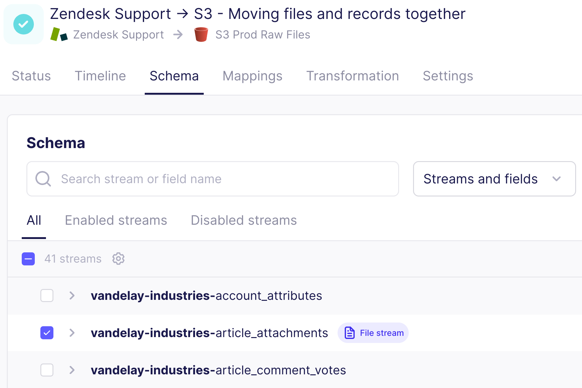 A file stream in the schema with a "File stream" badge beside it